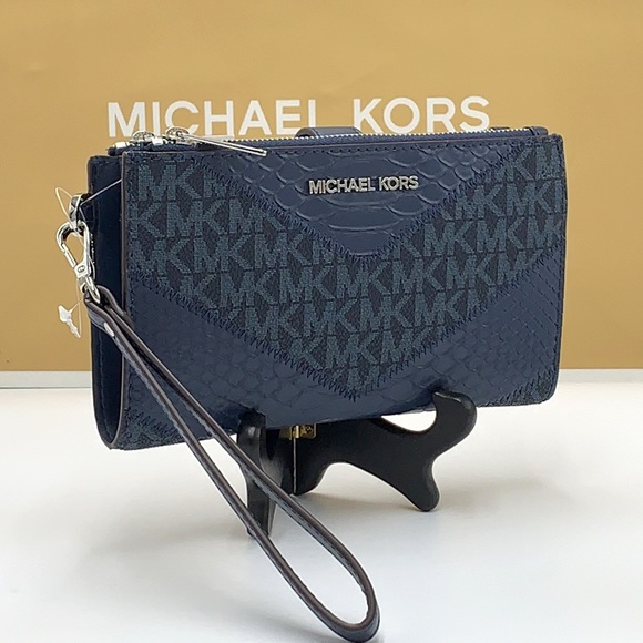 MICHAEL KORS LG DOUBLE ZIP WRISTLET WALLET NAVY MULT Crocodile Leather Snakeskin - Picture 2 of 14